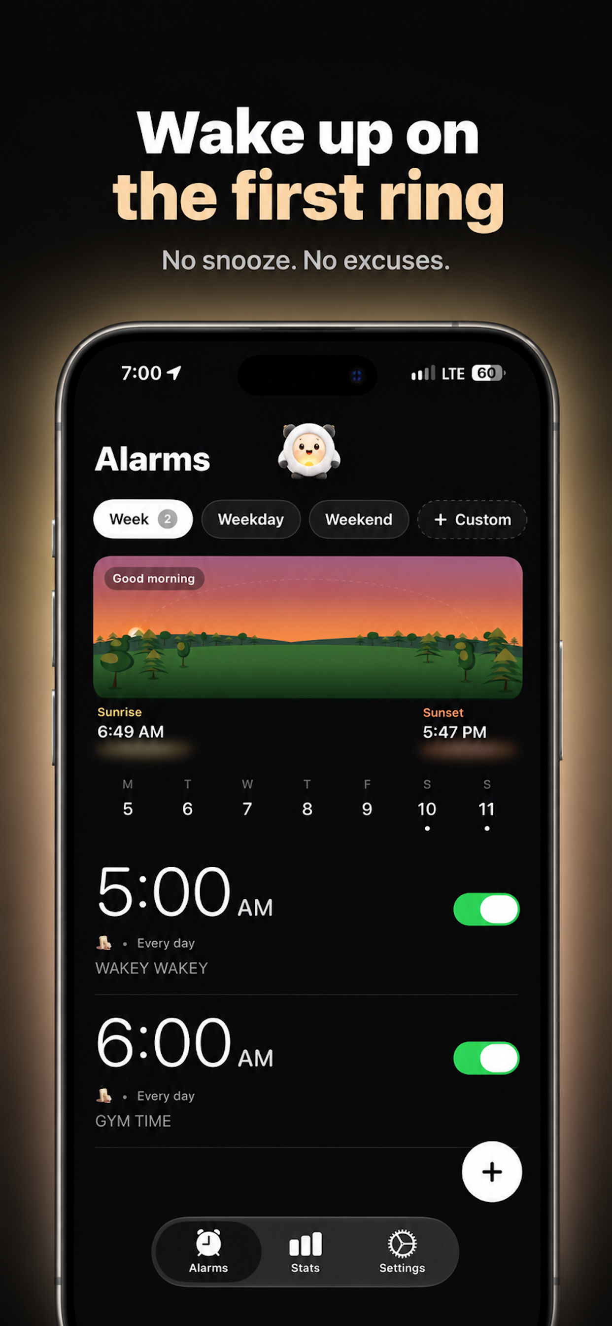 Awaken alarm list on iPhone showing weekday and weekend alarms
