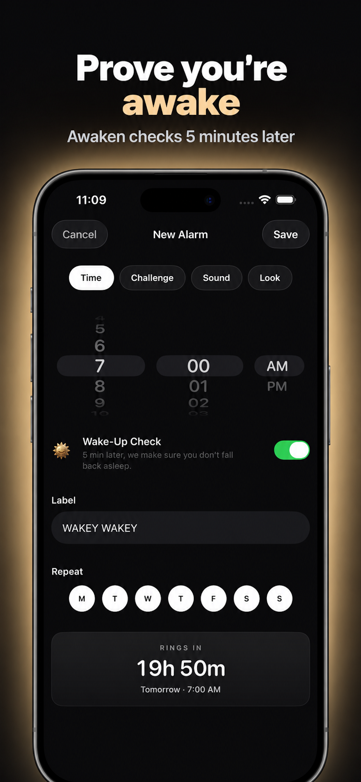 Awaken alarm editor for choosing the time, sound, and wake-up challenge