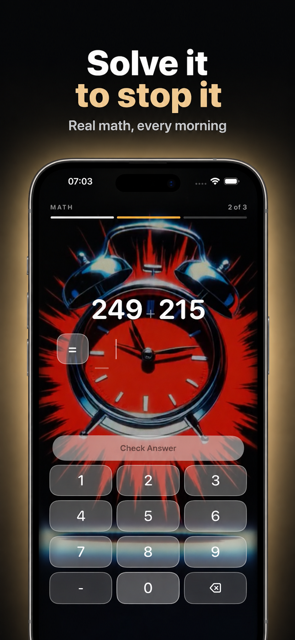 Awaken math challenge screen that must be solved to stop the alarm